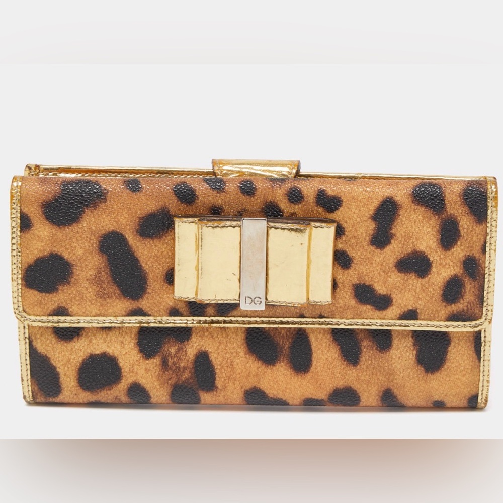 Dolce & Gabbana Gold/Brown Leopard Coated Canvas Leather Bow Wallet - RARE